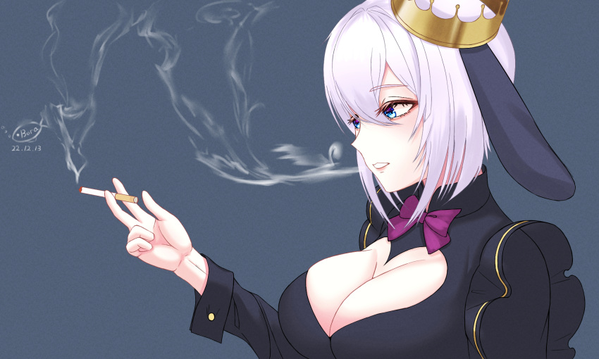 animal_ears aogiri_koukou artist_logo black_shirt blue_eyes bora_(karasumin0) bow bowtie breasts cigarette cleavage cleavage_cutout clothing_cutout crown dated female frilled_shirt frills grey_background hair_between_eyes heart_cutout highres holding holding_cigarette lop_rabbit_ears purple_bow purple_bowtie rabbit_ears shirt smoking solo upper_body virtual_youtuber white_hair yamaguro_nekuro