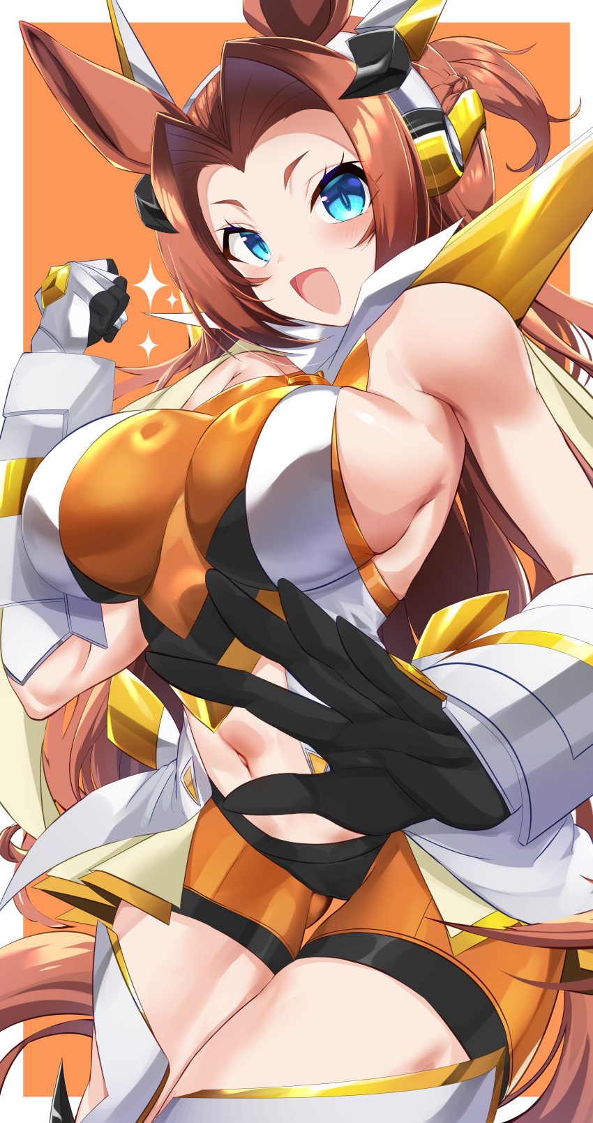 absurdres alternate_costume animal_ears bare_shoulders bike_shorts black_gloves boots border breasts brown_hair clenched_hand commentary_request cosplay cowboy_shot cropped_shirt female gloves hair_intakes hair_ornament headgear highres horse_ears horse_girl horse_tail kawakami_princess_(umamusume) long_hair maou_(maoudaisukiya) midriff navel open_mouth orange_background orange_shirt senki_zesshou_symphogear shirt shorts sideboob simple_background smile solo sparkle tachibana_hibiki_(symphogear) tachibana_hibiki_(symphogear)_(cosplay) tail thigh_boots umamusume white_border