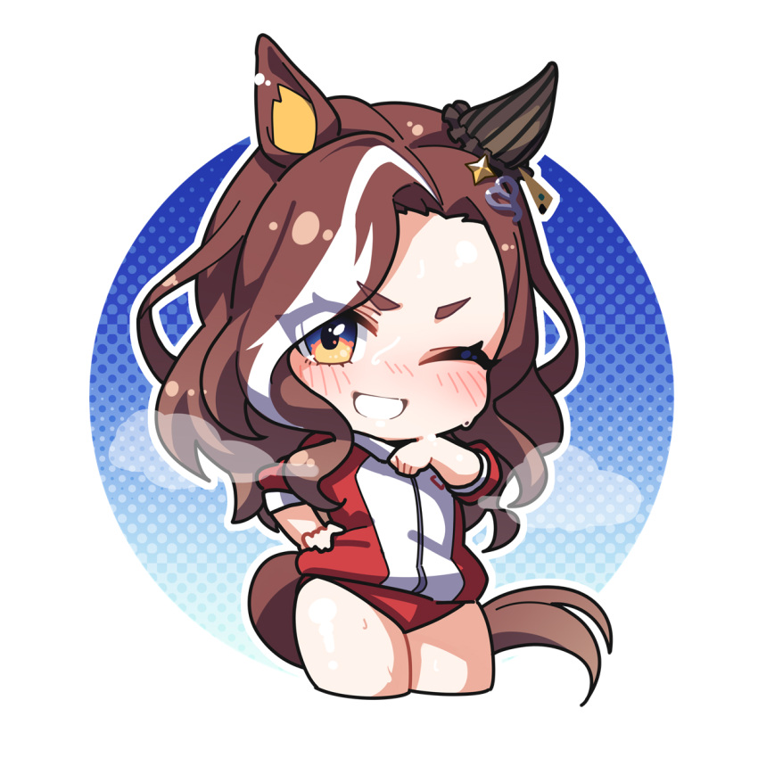 animal_ears brown_hair buruma chibi closed_jacket commentary cowboy_shot daring_heart_(umamusume) deformed ear_covers ear_ornament eyes_visible_through_hair female hair_intakes highres horse_ears horse_girl horse_tail jacket long_hair long_sleeves multicolored_hair one_eye_closed outline red_buruma red_jacket short_eyebrows single_ear_cover solo streaked_hair sweat tail tracen_training_uniform track_jacket two-tone_hair umamusume very_sweaty warashi wavy_hair white_hair yellow_eyes