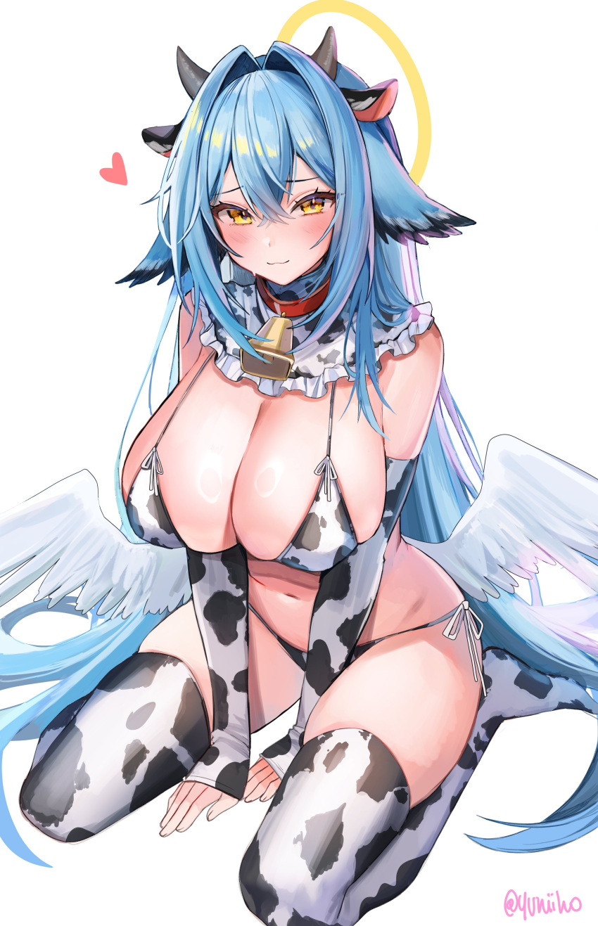 :3 absurdres animal_ears animal_print bell between_legs bikini blue_hair blush breasts cleavage closed_mouth collar commentary cow_ears cow_horns cow_print cow_print_bikini cow_print_thighhighs detached_sleeves fake_animal_ears fake_horns feathered_wings female frilled_collar frills halo head_wings heart highres horns kamila_(yuniiho) large_breasts looking_at_viewer low_wings navel neck_bell original print_bikini print_thighhighs side-tie_bikini_bottom simple_background sitting smile solo swimsuit symbol-only_commentary thighhighs twitter_username wariza white_background white_wings wings yellow_eyes yellow_halo yuniiho