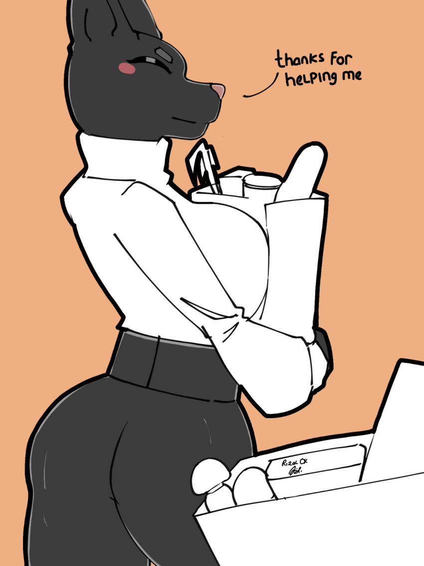 3:4 anthro ass black_body black_fur breast_squish breasts butt_focus clothed clothing domestic_cat felid feline felis female fur hi_res mammal rizal_ok shopping solo squish thick_thighs white_clothing