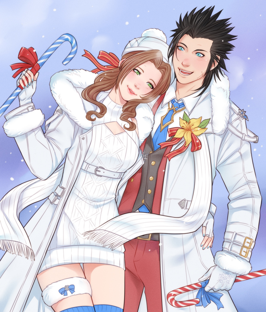 1boy aerith_gainsborough aerith_gainsborough_(fairy_of_snowfall) aqua_nails belt belt_buckle black_hair blue_eyes blue_necktie breasts breath brown_hair buckle candy candy_cane christmas coat commentary couple cowboy_shot cross_scar crylin6 dress english_commentary female final_fantasy final_fantasy_vii final_fantasy_vii_ever_crisis final_fantasy_vii_remake fingerless_gloves flower food fur-trimmed_coat fur_trim gloves green_eyes hair_slicked_back hand_on_another's_hip highres holding holding_candy holding_candy_cane holding_food light_blush lips looking_at_viewer necktie official_alternate_costume open_clothes open_coat pants parted_bangs parted_lips pink_ribbon red_pants red_vest ribbon scar scar_on_cheek scar_on_face short_dress sidelocks small_breasts snowing spiked_hair sweater sweater_dress turtleneck turtleneck_sweater vest white_coat white_gloves winter_clothes winter_coat yellow_flower zack_fair zack_fair_(holiday_suit)