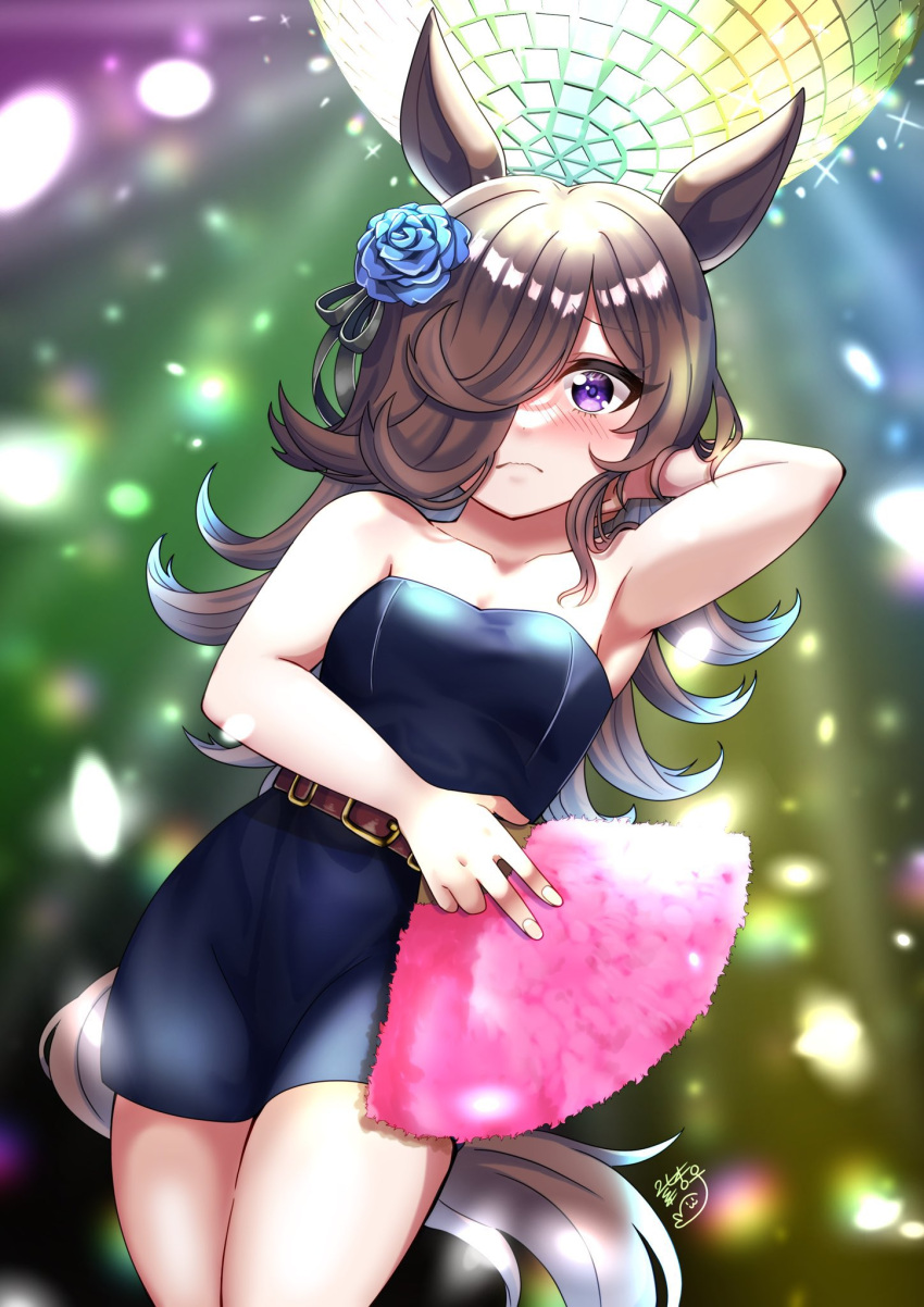 animal_ears armpits blue_flower blue_rose blush bodycon brown_hair dress female flower hair_flower hair_ornament hair_over_one_eye highres horse_ears horse_girl horse_tail horseshoe_ornament long_hair looking_at_viewer purple_eyes rice_shower_(umamusume) rose shian_(sian8882) solo tail umamusume