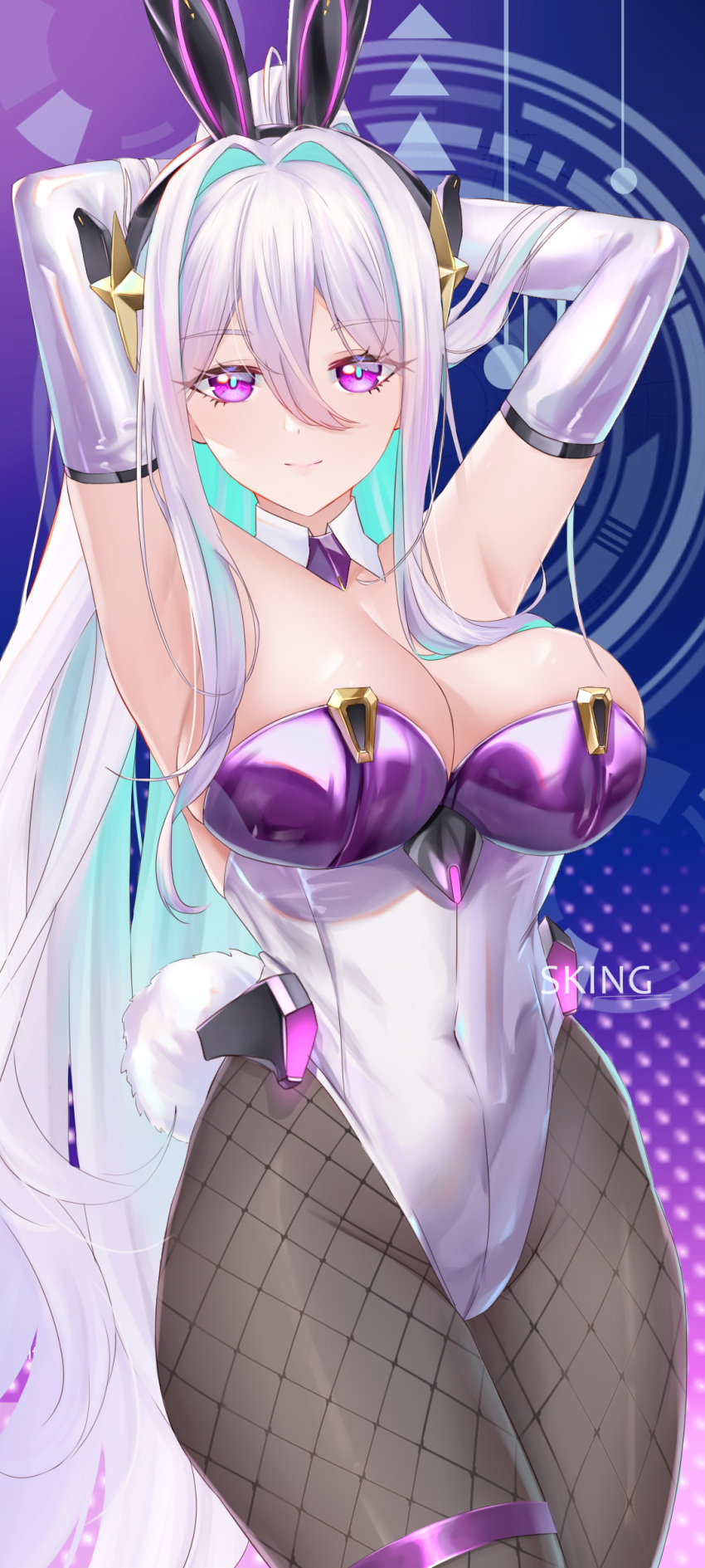 absurdres animal_ears artist_name azur_lane bare_shoulders breasts fake_animal_ears female fishnet_pantyhose fishnets gloves hair_between_eyes highres kearsarge_(all_night_charge)_(azur_lane) kearsarge_(azur_lane) large_breasts leotard long_hair looking_at_viewer multicolored_leotard official_alternate_costume pantyhose playboy_bunny purple_eyes sking solo strapless strapless_leotard two-tone_leotard very_long_hair white_hair white_leotard