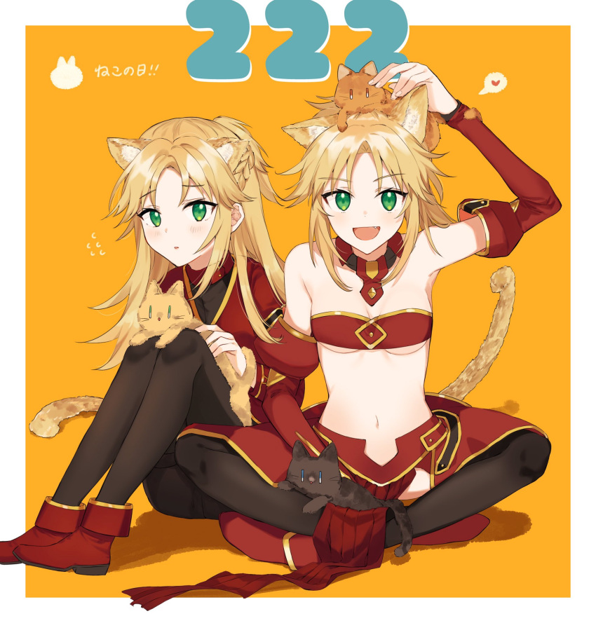 2girls age_comparison animal_ears cat_ears cat_girl cat_tail crossed_legs fate_(series) feline full_body green_eyes hand_up heart highres long_hair medium_hair midriff mordred_(fate) multiple_girls open_mouth rizu033 sitting spoken_heart tail