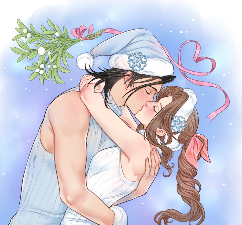 1boy aerith_gainsborough aerith_gainsborough_(fairy_of_snowfall) arms_around_neck bare_shoulders black_hair blush braid braided_ponytail brown_hair christmas closed_eyes couple crylin6 female final_fantasy final_fantasy_vii final_fantasy_vii_ever_crisis final_fantasy_vii_remake from_side fur-trimmed_headwear fur_trim hair_ribbon hand_on_another's_back hat highres hug kissing long_hair mistletoe parted_bangs pink_ribbon pom_pom_(clothes) ribbed_sweater ribbon santa_hat straight sweater turtleneck turtleneck_sweater upper_body white_sweater zack_fair