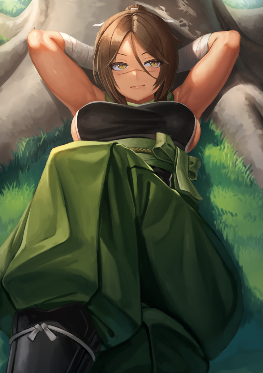 ahoge bandaged_arm bandages bare_shoulders black_shirt blush breasts brown_eyes brown_hair fate/grand_order fate_(series) female grass green_pants hair_between_eyes hair_ribbon hakama hakama_pants high_ponytail highres japanese_clothes large_breasts looking_at_viewer lying medium_hair obi on_back pants parted_bangs ranma_(kamenrideroz) ribbon sash scar scar_on_face scar_on_nose shirt sideboob sideless_outfit smile solo sugitani_zenjubou_(fate) tree