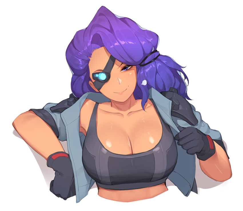 black_gloves black_sports_bra breasts cleavage closed_mouth cropped_jacket cropped_torso dark-skinned_female dark_skin eyepatch female gloves hand_up head_tilt jacket large_breasts league_of_legends long_hair looking_at_viewer mole mole_above_mouth one_eye_covered open_clothes open_jacket pepper0 purple_eyes purple_hair samira short_sleeves simple_background smile solo sports_bra tan upper_body white_background