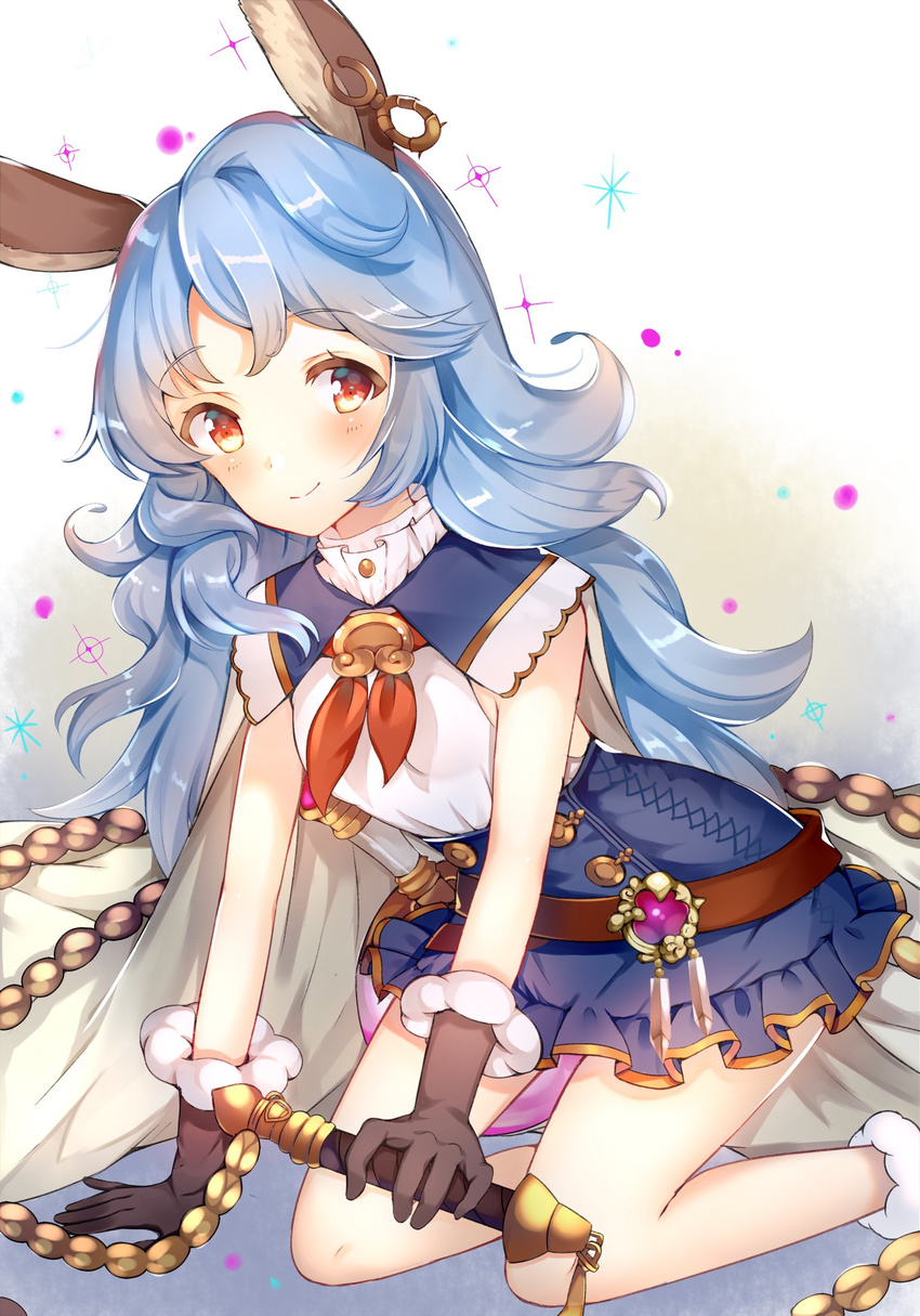 animal_ears aozora_nan ascot beaker belt black_gloves blue_hair blue_skirt blush cape commentary_request erune female ferry_(granblue_fantasy) gloves granblue_fantasy highres holding long_hair loose_belt miniskirt red_eyes skirt sleeveless smile solo wavy_hair whip