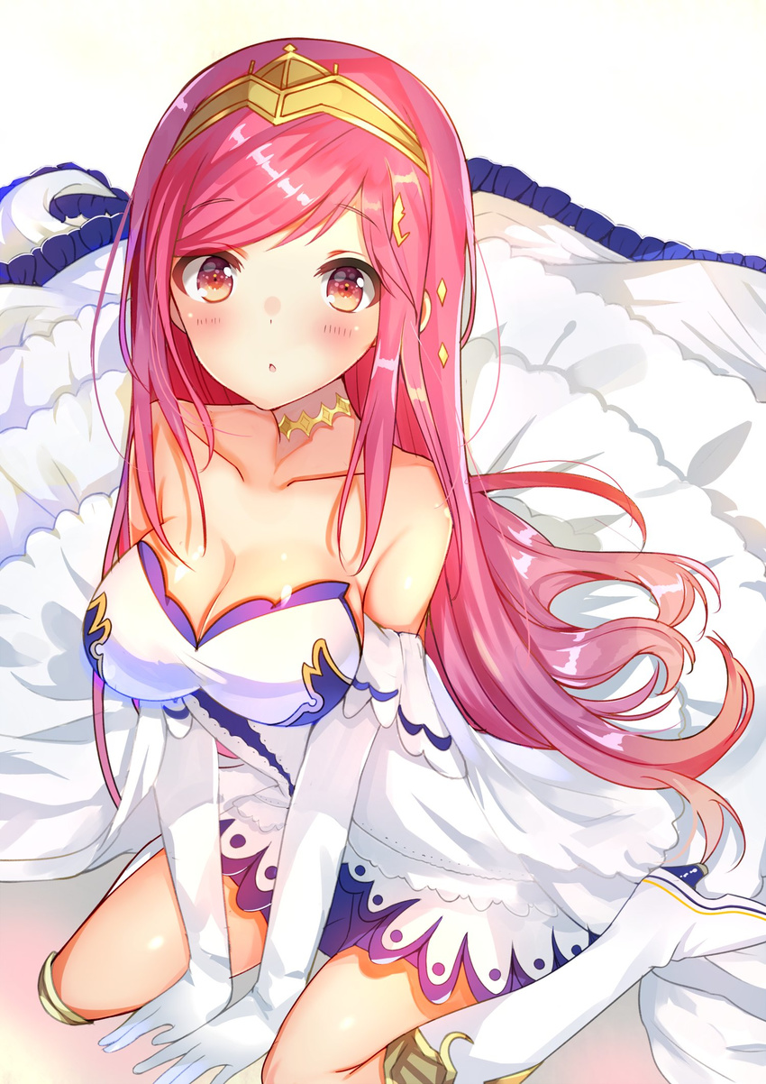 :o aozora_nan arriet_(shingeki_no_bahamut) blush boots breasts choker cleavage collarbone commentary_request dress elbow_gloves female gloves granblue_fantasy hairband high_heel_boots high_heels highres large_breasts long_hair open_mouth pink_hair red_eyes shingeki_no_bahamut simple_background sitting solo strapless strapless_dress tiara wariza white_background white_dress white_gloves