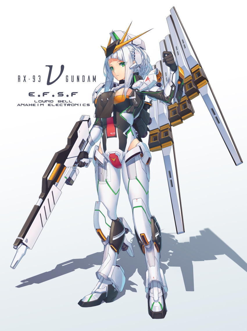 absurdres armored_boots beam_rifle boots char's_counterattack character_name commentary energy_gun eyes_visible_through_hair female fin_funnels full_body green_hair gundam highres humanization leotard looking_at_viewer mecha_musume neko7 nu_gundam shadow simple_background solo standing thrusters weapon white_background white_hair