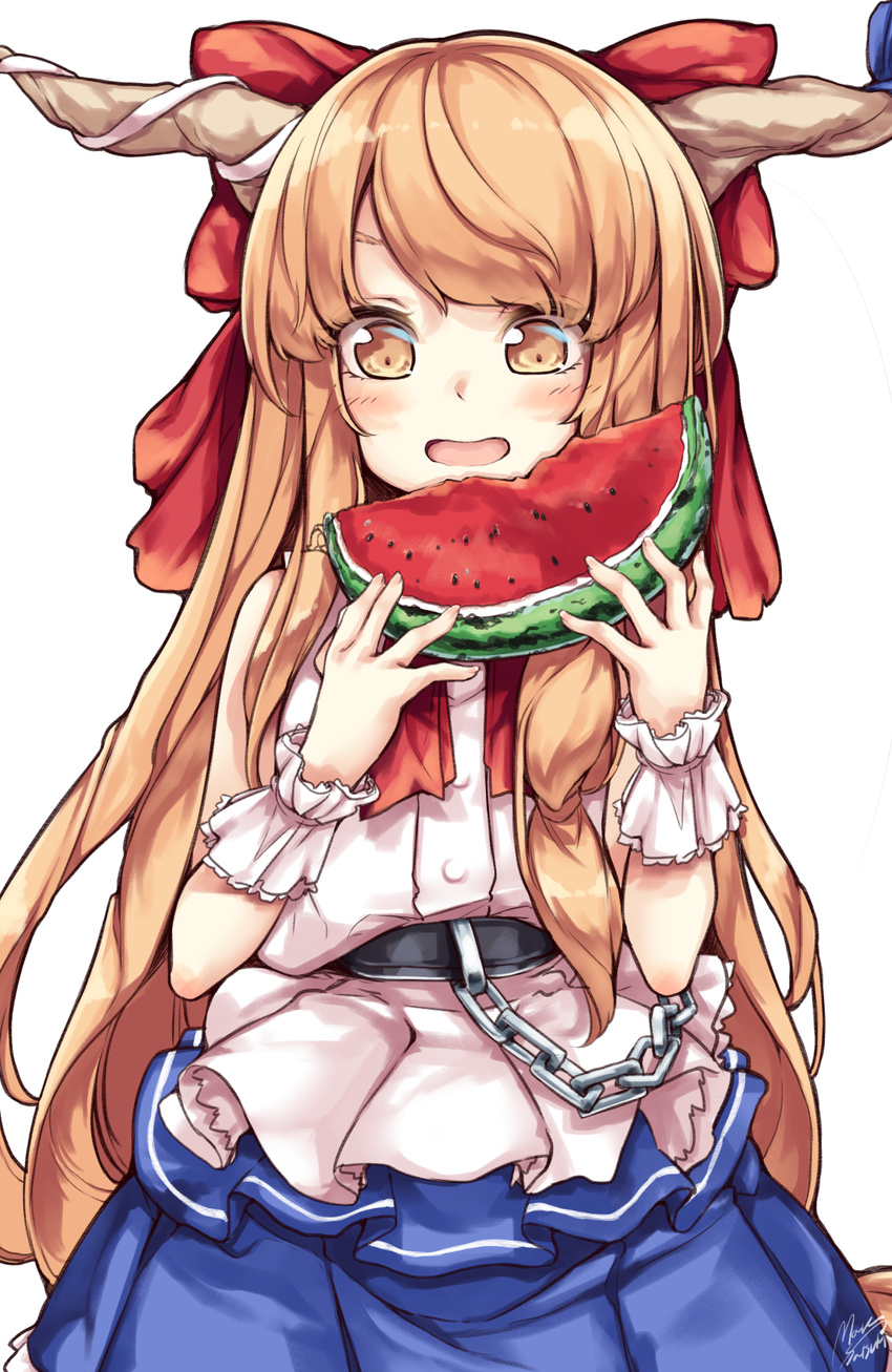 :d bad_id bad_pixiv_id blue_skirt bow brown_eyes brown_hair chains commentary cowboy_shot female food fruit hairbow highres horn_ornament horn_ribbon horns ibuki_suika long_hair looking_at_viewer maremay0513 name_connection open_mouth red_bow ribbon shirt skirt sleeveless sleeveless_shirt smile solo touhou very_long_hair watermelon white_shirt wrist_cuffs