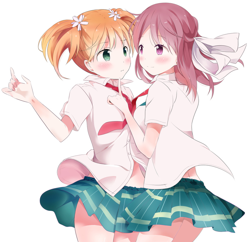 2girls blush commentary_request flower fortune_(seelefs) green_eyes hair_flower hair_ornament hair_ribbon multiple_girls necktie orange_hair pink_eyes red_hair ribbon sakura_trick school_uniform shirt short_hair short_sleeves simple_background skirt smile sonoda_yuu takayama_haruka twintails white_background yuri