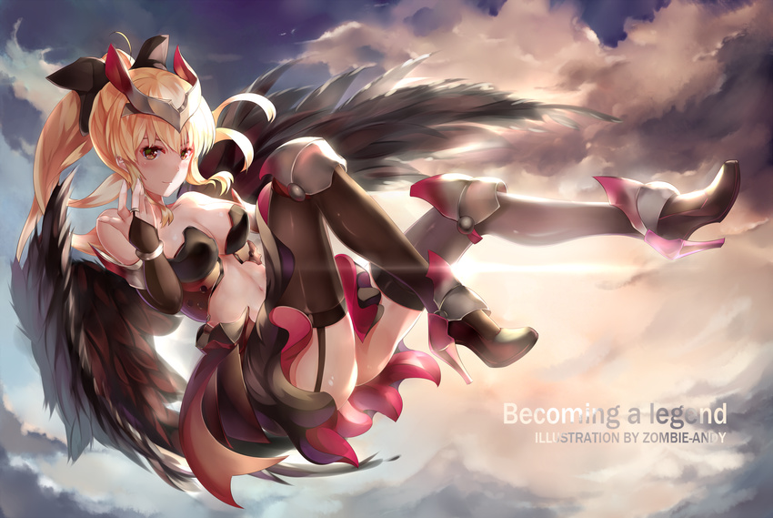 absurdres armor artist_name bad_id bad_pixiv_id bikini_armor black_legwear black_wings blonde_hair breasts chinese_commentary cleavage cloud cloudy_sky commentary_request crop_top detached_sleeves english_text feathered_wings female floating floating_hair full_body garter_straps greaves headgear high_heels highres knees_up light_smile medium_breasts midriff misaki_kurehito_(style) navel original ponytail profile scenery sky solo sunset thighs wings zomzomzomsauce