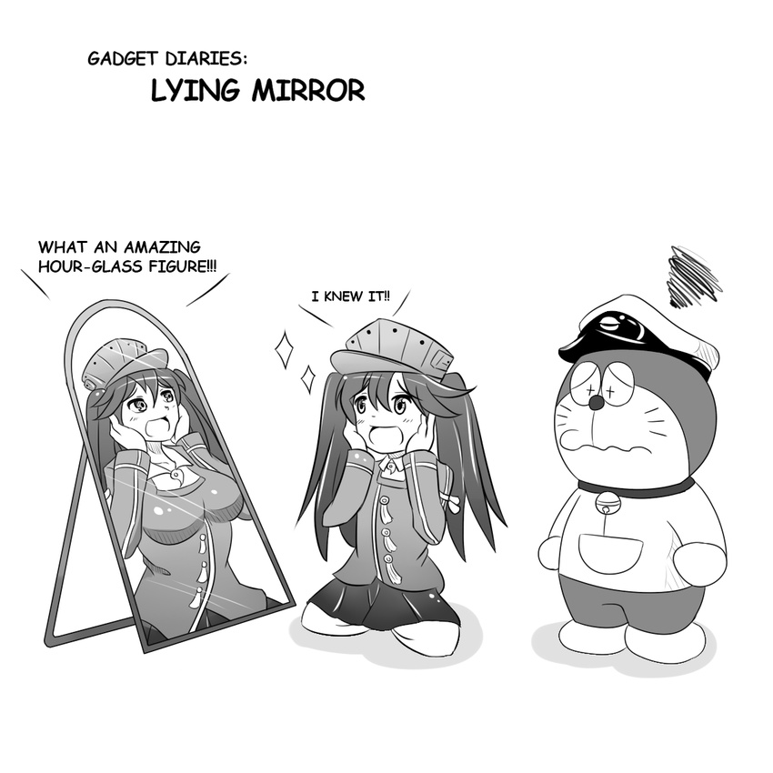 :d admiral_(kancolle) alternate_breast_size bell breasts collar commentary crossover different_reflection doraemon doraemon_(character) english_text female greyscale hat highres kantai_collection large_breasts magatama mirror monochrome neck_bell non-human_admiral_(kancolle) open_mouth peaked_cap reflection ryuujou_(kancolle) sitting smile sparkle twintails visor_cap wangphing wariza