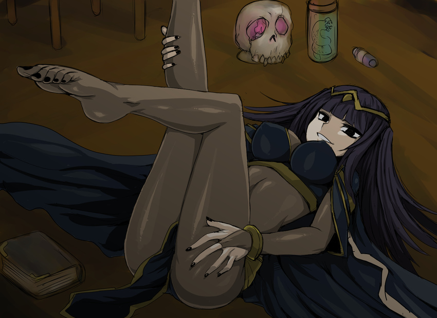 black_eyes black_hair bodysuit bracelet breasts commentary_request cuffs feet female fire_emblem fire_emblem_awakening grin hair_ornament jewelry kitsune-tsuki_(getter) large_breasts legs legs_up long_hair lying nail_polish on_back see-through skull smile snake solo tharja_(fire_emblem) toenail_polish toenails