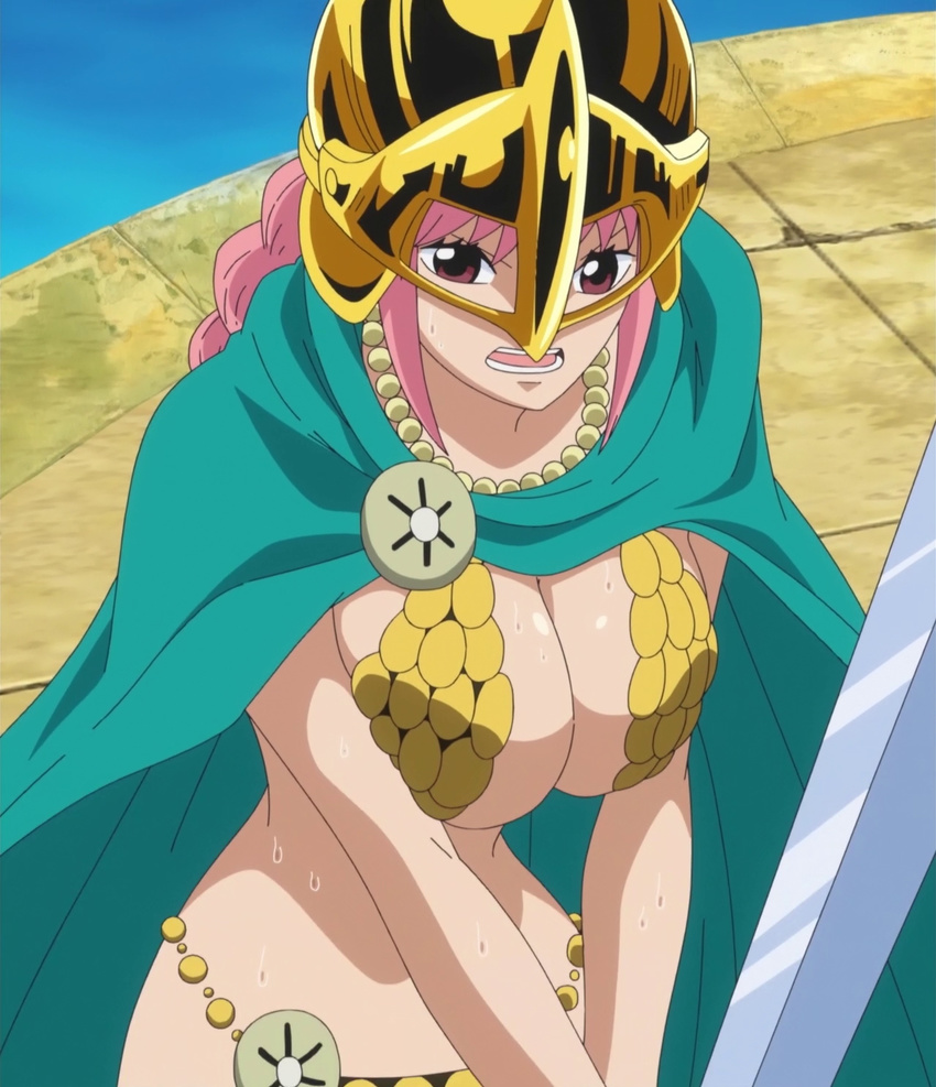 armor bikini_armor breasts cape cleavage dressrosa female female gladiator helmet large_breasts long_hair one_piece pink_hair rebecca_(one_piece) screencap solo standing stitched sweat sword