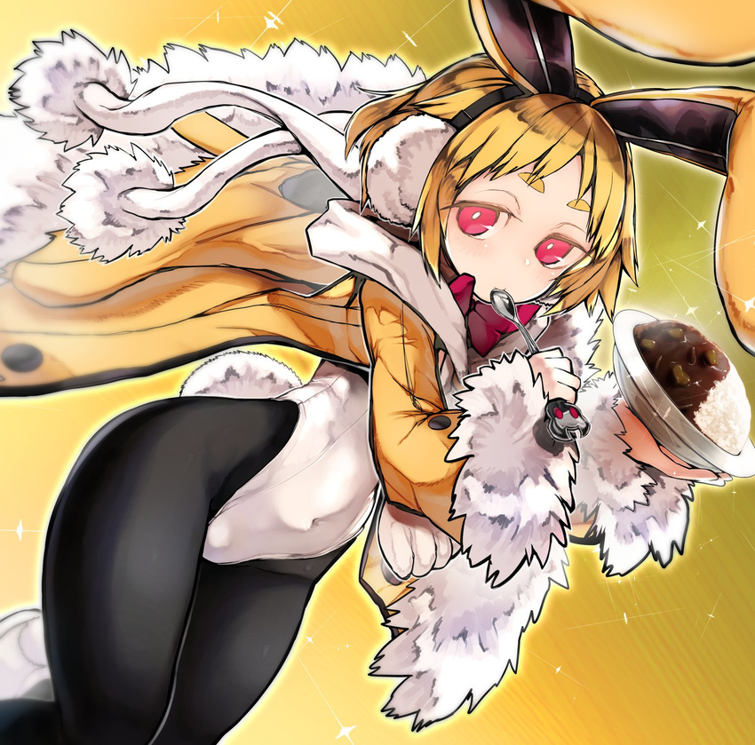 animal_ears black_pantyhose blonde_hair blush bow bowl bowtie coat commentary_request covered_navel curry disgaea female food fur-trimmed_coat fur-trimmed_jacket fur-trimmed_sleeves fur_trim highres holding holding_spoon hood hood_down jacket leotard long_sleeves looking_at_viewer makai_senki_disgaea_5 nishiide_kengorou pantyhose playboy_bunny pom_pom_(clothes) rabbit_earmuffs rabbit_ears rabbit_tail red_bow red_bowtie red_eyes scarf short_eyebrows short_hair solo spoon tail thick_eyebrows usalia_(disgaea) white_leotard white_scarf yellow_background yellow_coat yellow_jacket