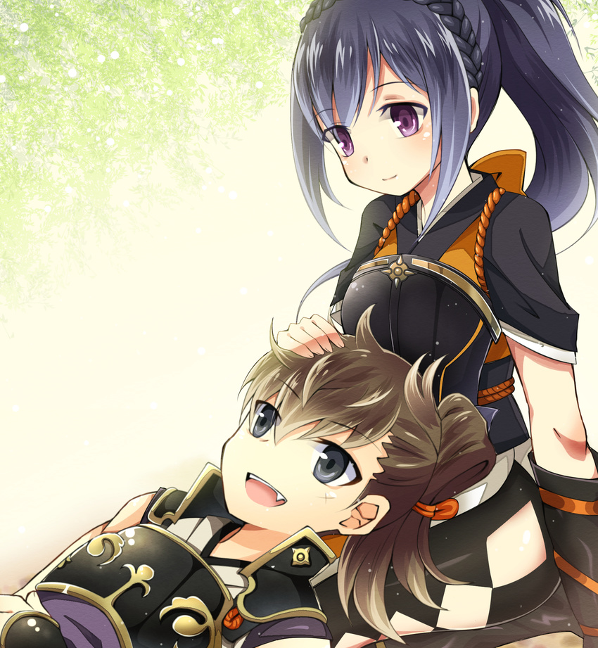 1boy blue_eyes blue_hair blush brown_hair commentary_request female fire_emblem fire_emblem_fates highres hinata_(fire_emblem) long_hair md5_mismatch oboro_(fire_emblem) open_mouth ponytail purple_eyes resolution_mismatch scar shira_yu_ki sitting source_smaller