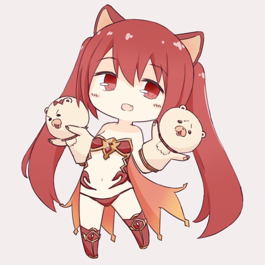 :3 :d animal_ears bad_id bad_twitter_id blush cerberus_(shingeki_no_bahamut) chibi dog_ears female gold_trim granblue_fantasy hand_puppet highres kneehighs long_hair oerba_yun_fang open_mouth panties puppet red_eyes red_hair red_panties red_socks seedflare shingeki_no_bahamut silver_background smile socks solo twintails underwear very_long_hair white_background