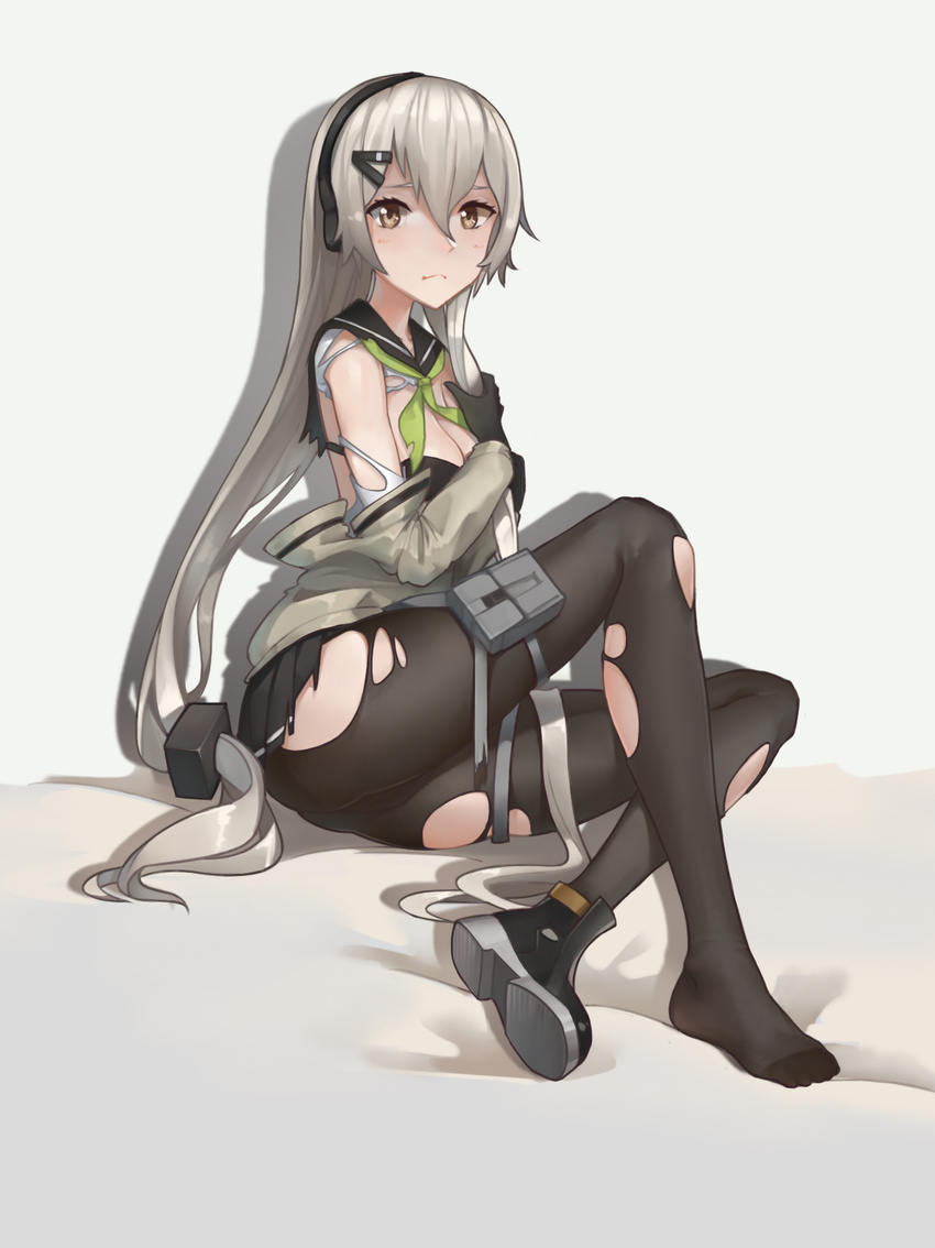 bad_id bad_pixiv_id black_pantyhose blush breasts cleavage closed_mouth commentary_request female frown girls'_frontline grey_hair hair_between_eyes hand_on_own_chest hand_up headphones highres holster jacket jiachong_jun_z long_hair looking_at_viewer medium_breasts mg4_(girls'_frontline) mg4_(survival_club)_(girls'_frontline) official_alternate_costume pantyhose photoshop_(medium) pout sailor_collar shoes single_shoe sitting skindentation solo thigh_holster thighs torn_clothes torn_pantyhose very_long_hair white_hair