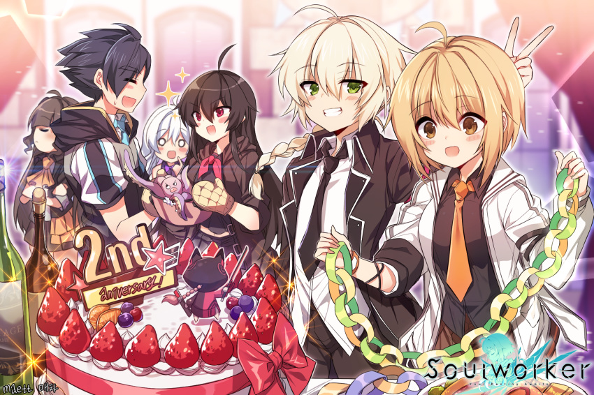 2boys 4girls ahoge anniversary artist_name ascot bad_id bad_pixiv_id black_hair black_jacket black_neckwear black_shirt black_skirt blonde_hair blush breasts brown_eyes brown_hair brown_jacket cake closed_eyes closed_mouth commentary_request copyright_name crossed_arms erwin_arclight food fruit grapes green_eyes grin haru_estia highres iris_yuma jacket jin_seipatsu korean_commentary lily_bloomerchen long_hair maett medium_breasts miniskirt multiple_boys multiple_girls neckerchief necktie octopus open_clothes open_jacket open_mouth orange_(fruit) orange_necktie oven_mitts pants party pleated_skirt profile red_eyes red_neckerchief school_uniform shirt short_hair skirt smile soulworker stella_unibell strawberry uniform v weapon white_hair white_shirt