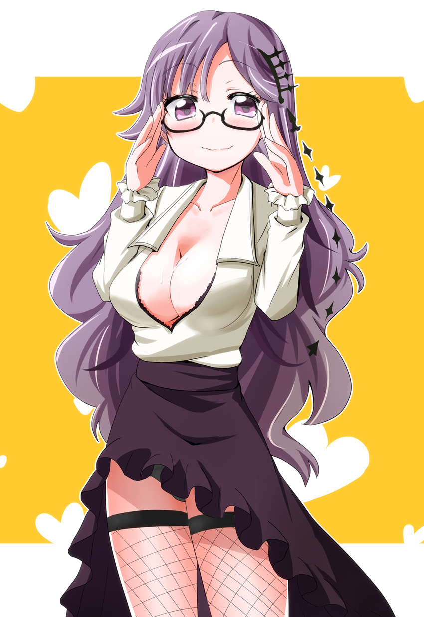 adjusting_eyewear blush breasts cleavage commentary_request dress fantasista_doll female fishnet_thighhighs fishnets glasses heart highres hottan! large_breasts long_hair madeleine_(fantasista_doll) purple_eyes purple_hair solo sweat thighhighs wavy_mouth