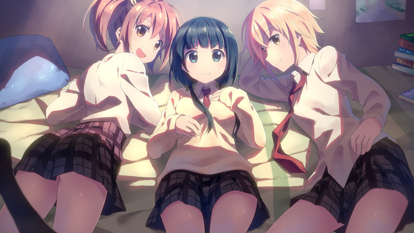 3girls aiura amaya_kanaka ass black_eyes black_hair black_legwear blonde_hair blue_eyes blush breasts brown_eyes brown_hair commentary_request hair_ornament iwasawa_saki jpeg_artifacts kneehighs long_hair looking_at_viewer low_twintails lying medium_breasts multiple_girls necktie on_back on_side on_stomach open_mouth plaid plaid_skirt ribbon school_uniform shirt short_hair side_ponytail skirt smile socks sweater twintails uehara_ayuko white_shirt yellow_eyes yuuki_tatsuya