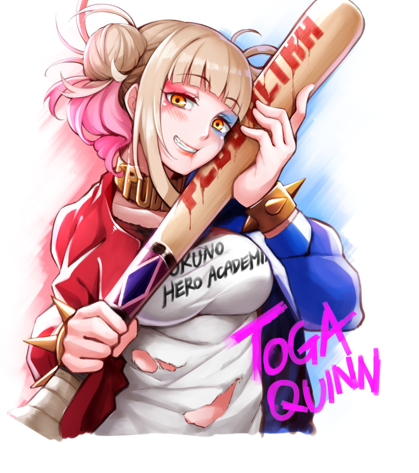 absurdres baseball_bat blonde_hair blood blunt_bangs blush boku_no_hero_academia bracelet breasts character_name coat commentary_request cosplay cropped_torso dc_comics double_bun female hair_bun half-closed_eyes harley_quinn harley_quinn_(cosplay) highres jewelry long_sleeves looking_at_viewer medium_breasts multicolored_hair oerba_yun_fang open_clothes pink_hair shirt short_twintails smile solo spiked_bracelet spikes streaked_hair suicide_squad toga_himiko torn_clothes torn_shirt twintails upper_body white_shirt yandere yaobin_yang yellow_eyes