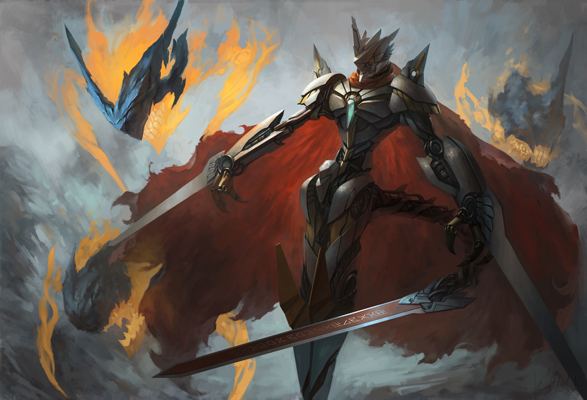 absurdres alessandro_jie arm_blade armor bad_id bad_pixiv_id cape claws commentary_request digimon digimon_(creature) fire highres jesmon no_humans photoshop_(medium) spikes sword tail weapon