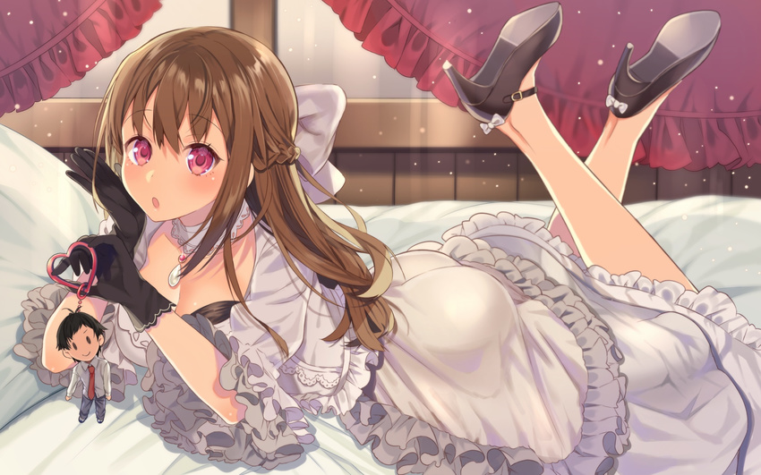 :o artist_request ass bow braid breasts brown_hair cleavage doll dress female gloves high_heels highres jewelry koi_suru_kanojo_no_bukiyou_na_butai legs_up long_hair lying medium_breasts necklace no_socks on_bed on_stomach pink_eyes shoe_soles shoes solo togawa_mayuu