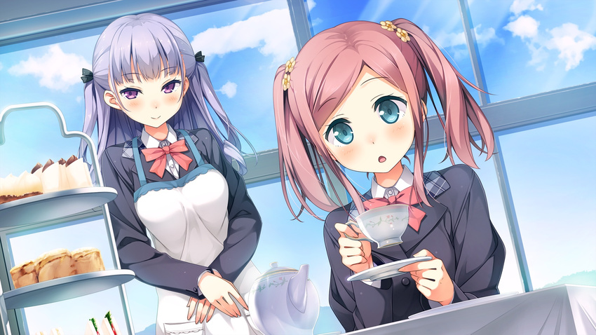 2girls :o apron blue_eyes blue_sky blunt_bangs blush bow cake chiyoda_momoka cloud cloudy_sky cup day dutch_angle food game_cg highres indoors kantoku koi_suru_kanojo_no_bukiyou_na_butai kokonoe_maria long_hair looking_at_viewer multiple_girls pink_hair purple_eyes purple_hair sky smile swept_bangs tea teacup teapot tiered_tray twintails window