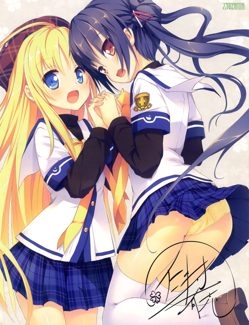 2girls :d absurdres blonde_hair blue_eyes brown_eyes clover_days hat highres holding_hands interlocked_fingers long_sleeves multiple_girls nimura_yuuji open_mouth panties pantyshot purple_hair school_uniform siblings signature sisters skirt smile takakura_anri takakura_anzu thighhighs underwear white_legwear yellow_panties