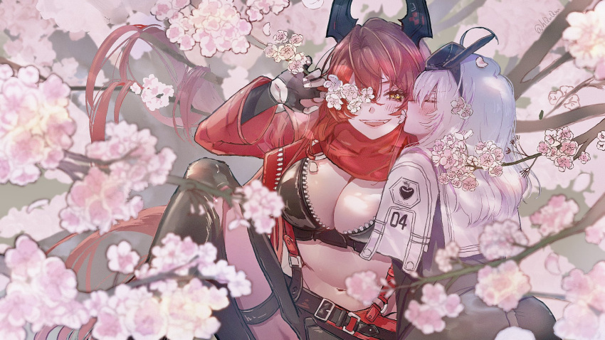 2girls black_gloves blush breasts cleavage cloak cropped_jacket fingerless_gloves gloves goddess_of_victory:_nikke hair_between_eyes head-mounted_display highres hip_vent horns jacket large_breasts leather leather_pants long_hair long_sleeves mechanical_horns multiple_girls mutsui open_mouth pants red_hair red_hood_(nikke) red_scarf scarf smile snow_white_(innocent_days)_(nikke) snow_white_(nikke) unzipped visor_lift white_cloak white_hair yellow_eyes yuri