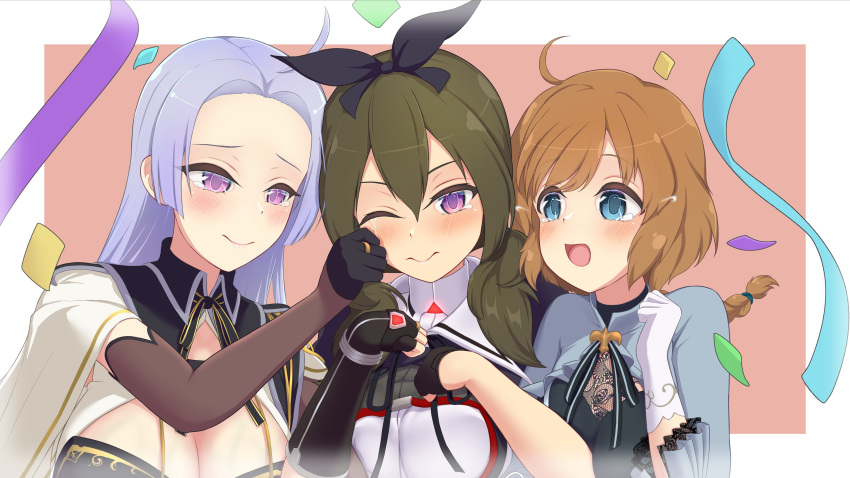 3girls :d absurdres ahoge assault_lily asymmetrical_gloves black_bow black_gloves black_ribbon blue_eyes blush border bow braid braided_ponytail breasts brown_hair cape cleavage closed_mouth commentary_request confetti cropped_jacket crying crying_with_eyes_open elbow_gloves forehead frilled_sleeves frills futagawa_fumi girl_sandwich gloves green_hair grey_shirt hair_between_eyes hairbow half_gloves hand_up hands_up highres large_breasts long_hair looking_at_another looking_at_viewer looking_to_the_side low_ponytail low_twintails multiple_girls neck_ribbon open_mouth outside_border parted_bangs purple_eyes purple_hair red_background ribbon sandwiched school_uniform shirt side-by-side single_braid smile striped_ribbon tearing_up tears twintails two-tone_shirt ueharu upper_body white_border white_cape white_gloves wiping_tears yamanashi_hibari yanagisawa_ayako yurigaoka_girls_academy_school_uniform