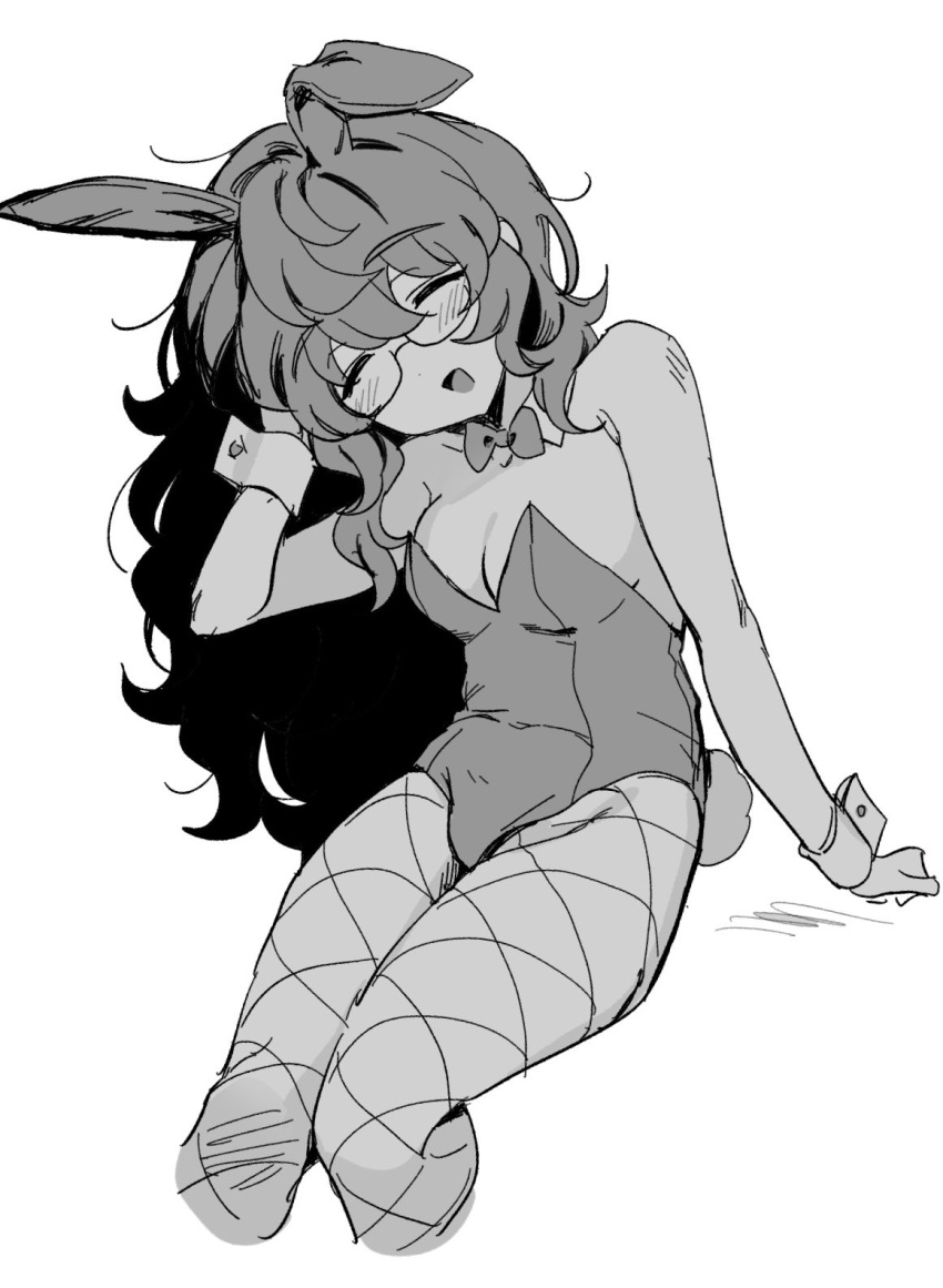 animal_ears aoba_tsumugi breasts cleavage ensemble_stars! fake_animal_ears fake_tail female fishnet_pantyhose fishnets genderswap_(mtf) glasses greyscale highres leotard long_hair monochrome pantyhose playboy_bunny rabbit_ears rabbit_tail rule_63 sitting solo tail tsmkwa wavy_hair