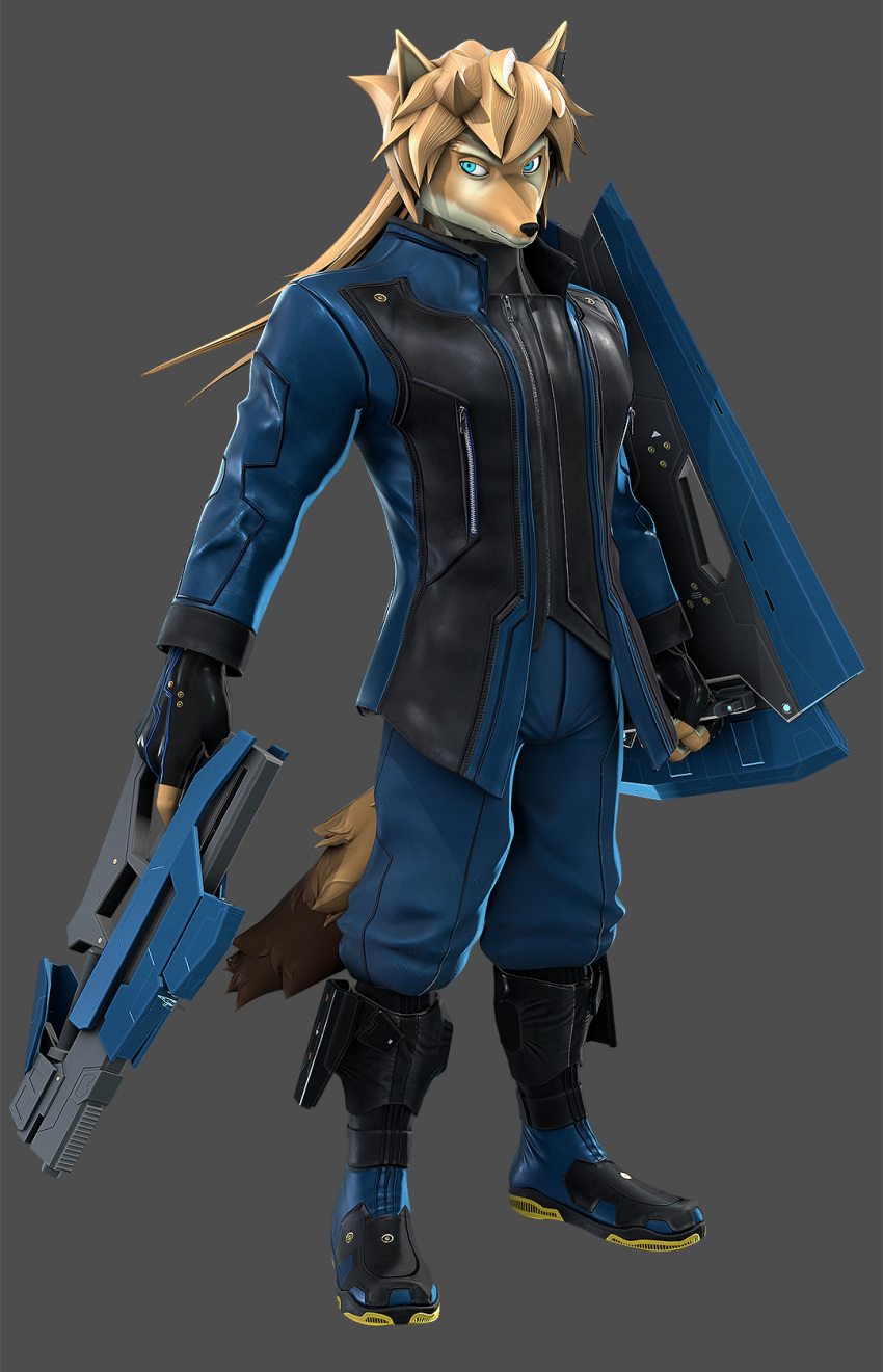 2024 3d_(artwork) 5_fingers alan_(petruz) anthro black_nose blender_(artwork) blonde_hair blue_eyes boots bottomwear bowgun canid canine canis clothed clothing digital_media_(artwork) fingerless_gloves fingers footwear fur gloves gun hair handwear hi_res humanoid_hands jackal jacket male mammal melee_weapon pants petruz petruz_(copyright) ranged_weapon solo standing tan_body tan_fur topwear weapon