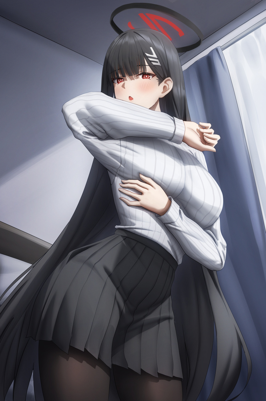 :o absurdres black_hair black_pantyhose black_skirt blue_archive blush breasts bright_pupils female gileu hair_ornament halo highres indoors large_breasts long_hair long_sleeves looking_at_viewer open_mouth pantyhose pleated_skirt red_eyes rio_(blue_archive) skirt solo sweater sweater_tucked_in white_pupils white_sweater