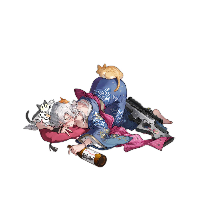 <|>_<|> all_fours animal_on_ass ass barefoot black_choker black_gloves blue_kimono blush bottle breasts chest_sarashi choker cleavage closed_eyes drunk facial_tattoo feet feline female fingerless_gloves floral_print_kimono food food_on_head fruit fruit_on_head full_body girls'_frontline gloves h&k_sl8 hair_between_eyes hair_over_shoulder highres holding holding_bottle imoko_(imonatsuki) japanese_clothes kimono large_breasts lightning_bolt_symbol long_sleeves mandarin_orange medium_hair obi object_on_head off_shoulder official_alternate_costume official_art omamori orange_peel pillow pink_petals pink_sash purple_kimono sake_bottle sarashi sash scope sharp_teeth simple_background single_glove sl8_(blue_snow_under_you)_(girls'_frontline) sl8_(girls'_frontline) sleeping smile solo tattoo teeth third-party_source transparent_background two-tone_kimono v white_cat white_hair wide_oval_eyes wide_sleeves