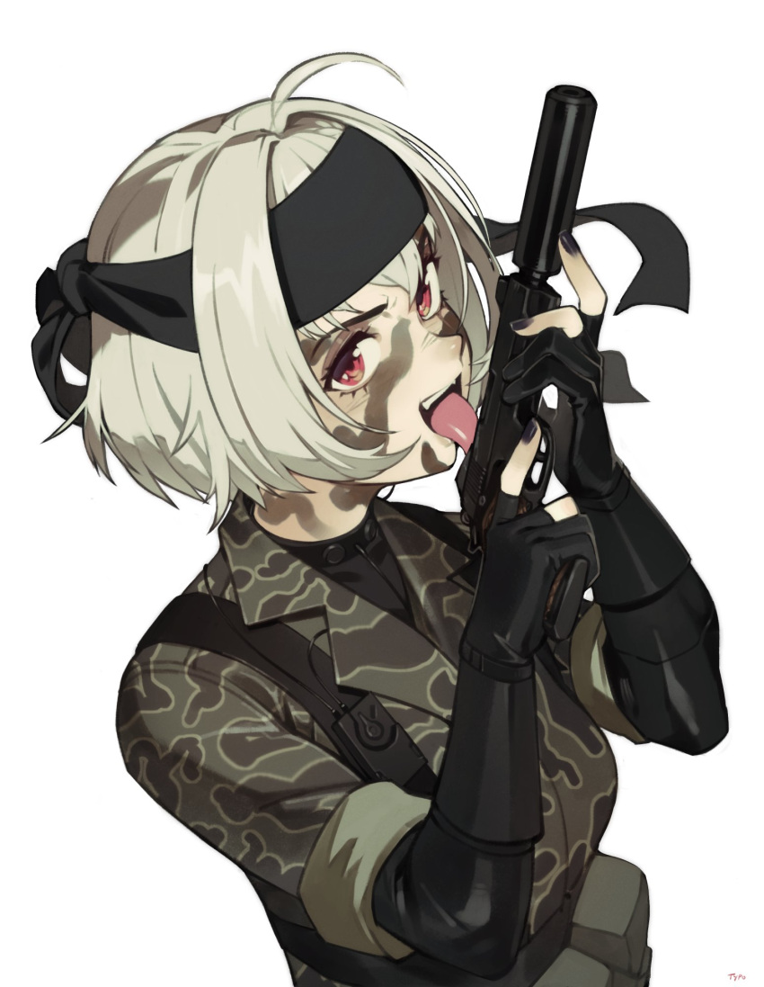 ahoge black_nails breasts cosplay female from_side gloves grey_hair gun handgun highres holding holding_gun holding_weapon indie_virtual_youtuber licking licking_weapon long_sleeves looking_at_viewer metal_gear_(series) metal_gear_solid_3:_snake_eater military military_uniform nail_polish open_mouth optionaltypo red_eyes saruei_(vtuber) scar scar_across_eye smith_&_wesson smith_&_wesson_model_39 solo the_fear the_fear_(cosplay) tongue tongue_out uniform virtual_youtuber weapon