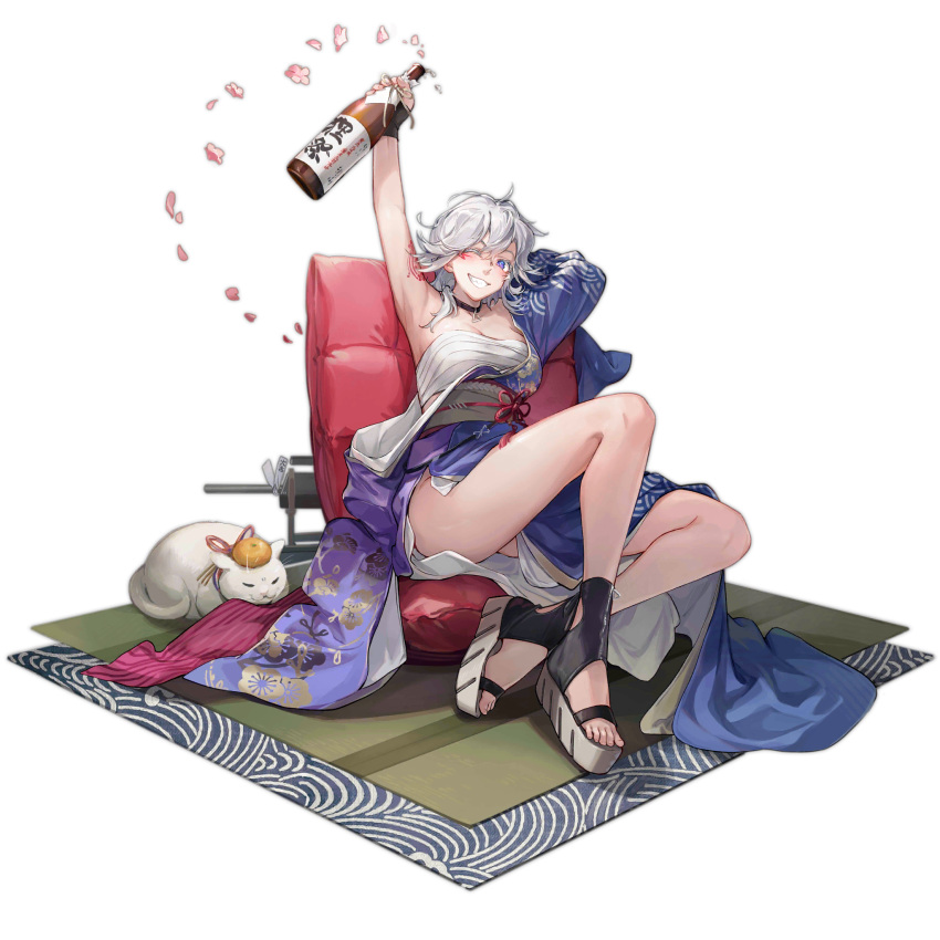 arm_behind_head arm_up armpits black_choker black_gloves blue_kimono blush bottle breasts chair chest_sarashi choker cleavage crossed_ankles drunk facial_tattoo falling_petals feet feline female fingerless_gloves floral_print_kimono food food_on_head fruit fruit_on_head full_body girls'_frontline gloves grin h&k_sl8 hair_between_eyes hair_over_shoulder highres holding holding_bottle imoko_(imonatsuki) japanese_clothes kimono large_breasts lightning_bolt_symbol looking_at_viewer mandarin_orange medium_hair obi object_on_head official_alternate_costume official_art okobo one_eye_closed petals pink_petals pink_sash platform_footwear purple_eyes purple_kimono sake_bottle sandals sarashi sash sharp_teeth simple_background single_off_shoulder sitting sl8_(blue_snow_under_you)_(girls'_frontline) sl8_(girls'_frontline) smile solo tatami tattoo teeth third-party_source toes transparent_background two-tone_kimono weapon_stand white_cat white_hair