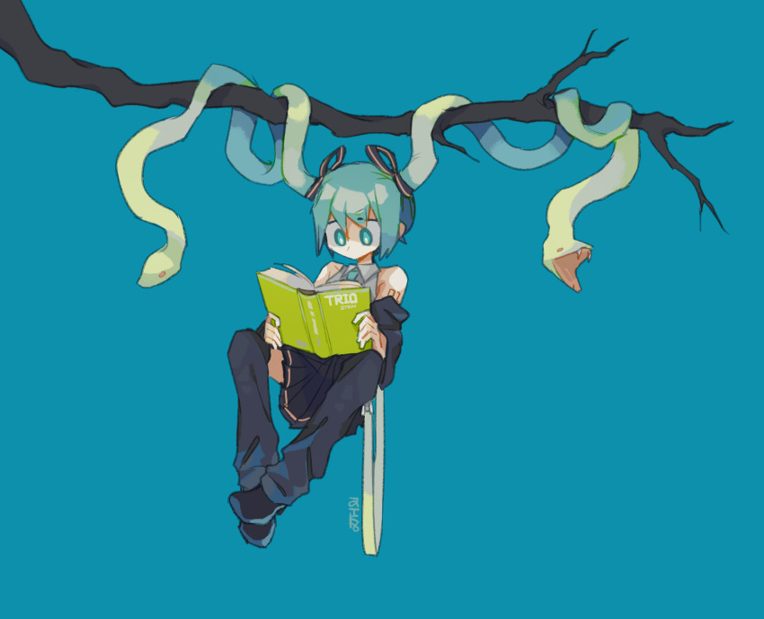 aqua_eyes aqua_hair aqua_necktie bare_shoulders black_footwear black_leg_warmers black_ribbon black_skirt black_sleeves bmp-to-png_conversion book branch bright_pupils chinese_commentary collared_shirt commentary_request detached_sleeves female full_body grey_shirt hair_ribbon hatsune_miku highres leg_warmers living_hair long_hair necktie open_book pleated_skirt prehensile_hair reading ribbon shirt shoes shoulder_tattoo signature skirt sleeveless sleeveless_shirt snake_hair solo tattoo twintails very_long_hair vocaloid white_pupils zhepsikn