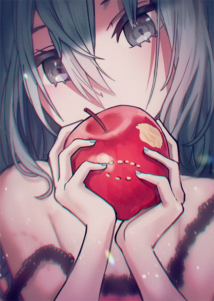 apple aqua_eyes aqua_hair aqua_nails bare_shoulders bite_mark camisole collarbone commentary female food fruit hair_between_eyes hair_down hatsune_miku highres holding holding_food holding_fruit ille_(xcpa7325) lace-trimmed_camisole lace_trim long_hair messy_hair pink_camisole red_apple romeo_to_cinderella_(vocaloid) solo strap_slip upper_body vocaloid when_you_see_it