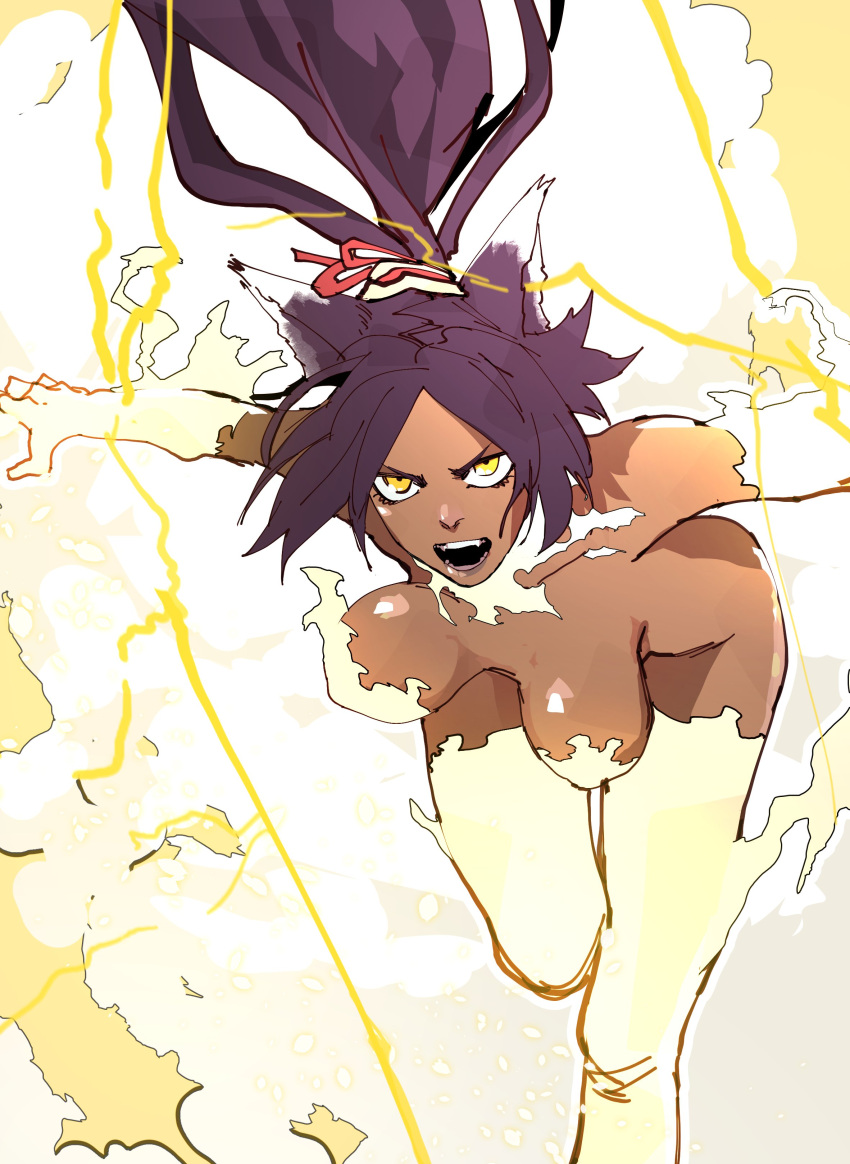 absurdres alternate_form animal_ears bare_shoulders bent_over bleach bleach:_sennen_kessen-hen bouncing_breasts breasts breasts_apart cat_ears cat_girl commentary covered_nipples dark-skinned_female dark_skin elbow_gloves electricity electrokinesis english_commentary fangs female fiery_background fiery_nipples fire floating_hair foot_out_of_frame forehead gloves hanging_breasts highres imminent_jump isaacchief300 large_breasts lightning looking_up nude open_mouth outstretched_arm parted_bangs ponytail purple_hair shihouin_yoruichi solo teeth thigh_gap thighhighs v-shaped_eyebrows yellow_eyes yellow_fire