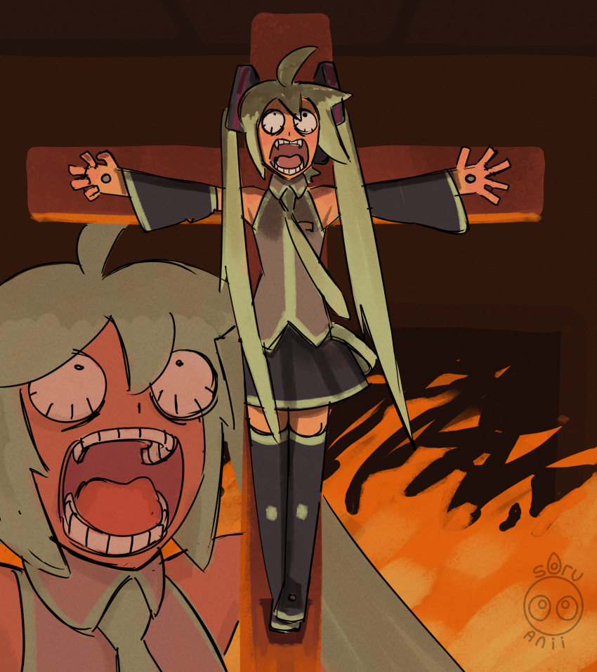 ahoge artist_logo artist_name black_footwear black_skirt boots collared_shirt commentary constricted_pupils crucifixion detached_sleeves enel_face_(meme) english_commentary female fire green_hair green_necktie grey_shirt hatsune_miku highres long_hair looking_up meme miniskirt multiple_views necktie open_mouth screaming shirt skirt sleeveless sleeveless_shirt soru_ani straight-on teeth thigh_boots tongue twintails very_long_hair vocaloid wide-eyed