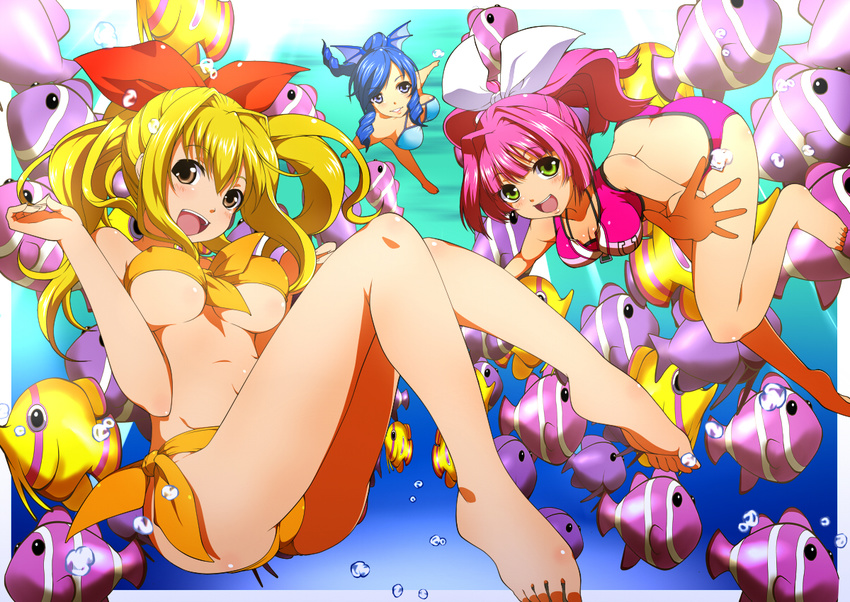 3girls air_bubble bandeau barefoot bikini blonde_hair blue_bikini blue_eyes blue_hair bow breasts bubble commentary_request fish freediving front-tie_top green_eyes hair_ornament hairbow long_hair looking_at_viewer marin_(umi_monogatari) medium_breasts miyabi_(miura105) multiple_girls open_mouth pink_hair short_hair side-tie_bikini_bottom smile strapless swimming swimsuit umi_monogatari underboob underwater underwear urin_(umi_monogatari) warin yellow_bikini yellow_eyes