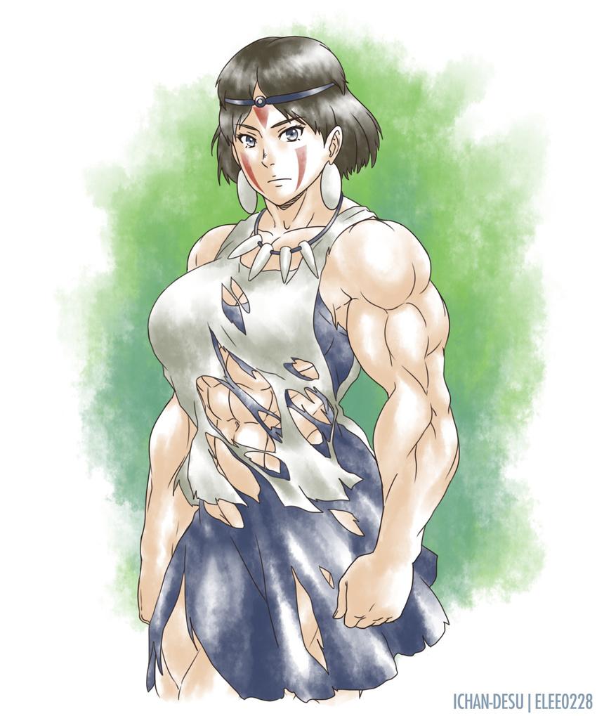 abs artist_name bare_arms blue_dress breasts brown_hair collarbone commentary_request dress earrings facepaint female highres huge_breasts ichan-desu jewelry mononoke_hime muscular muscular_female neck obliques san_(mononoke_hime) short_dress short_hair solo torn_clothes tribal watermark