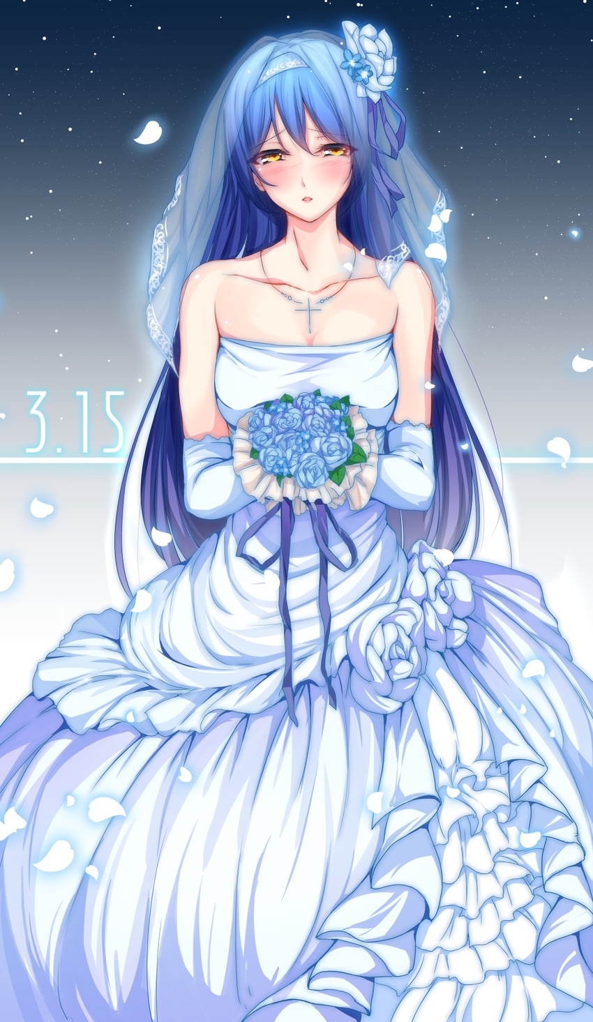 bad_id bad_pixiv_id bare_shoulders blue_hair blush bouquet breasts bridal_veil dress female flower hair_flower hair_ornament highres jewelry long_hair love_live! love_live!_school_idol_project minamon_(vittel221) necklace parted_lips petals small_breasts solo sonoda_umi veil very_long_hair wedding_dress yellow_eyes