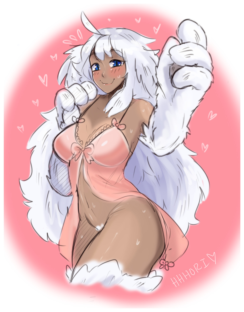 absurdres ahoge animal_hands babydoll blue_eyes blush breasts closed_mouth commentary cowboy_shot dark-skinned_female dark_skin english_commentary female hands_up heart hhhori highres large_breasts long_hair monster_girl monster_girl_encyclopedia pink_background signature smile solo standing sweatdrop very_long_hair white_hair yeti_(monster_girl_encyclopedia)