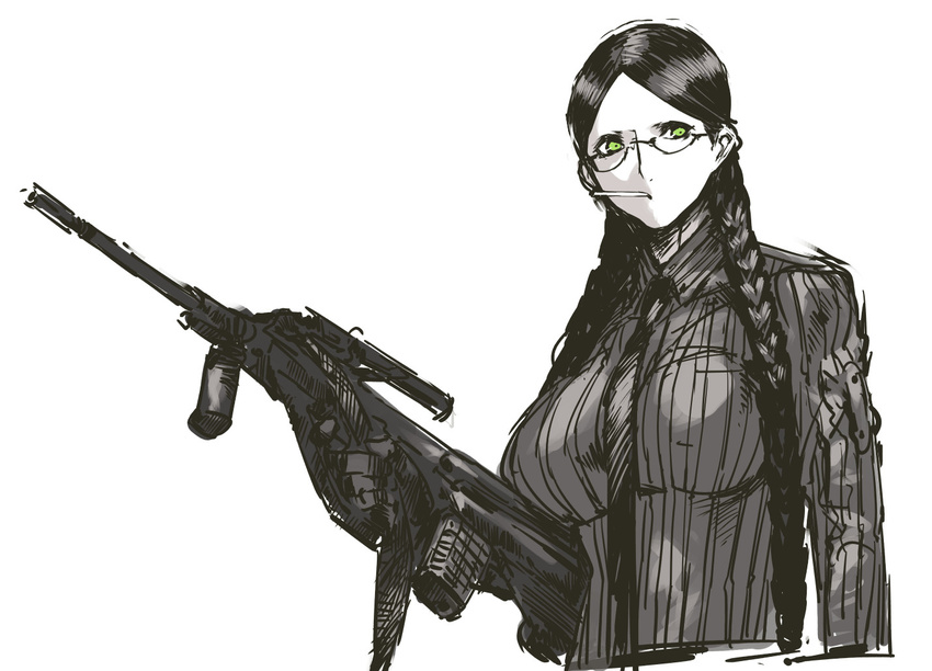 assault_rifle braid breasts brown_hair bullpup cigarette commentary_request female glasses glasses_girl_(nameo) green_eyes gun hair_over_shoulder holding holding_gun holding_weapon large_breasts long_hair nameo_(judgemasterkou) original parted_bangs rifle shirt solo steyr_aug striped trigger_discipline twin_braids vertical_stripes weapon